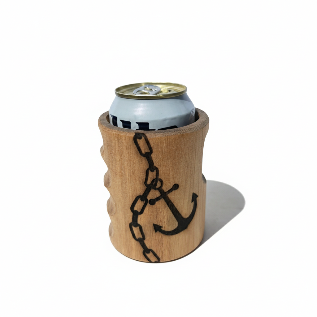 Engraved Anchor Wooden Beer Can Cooler