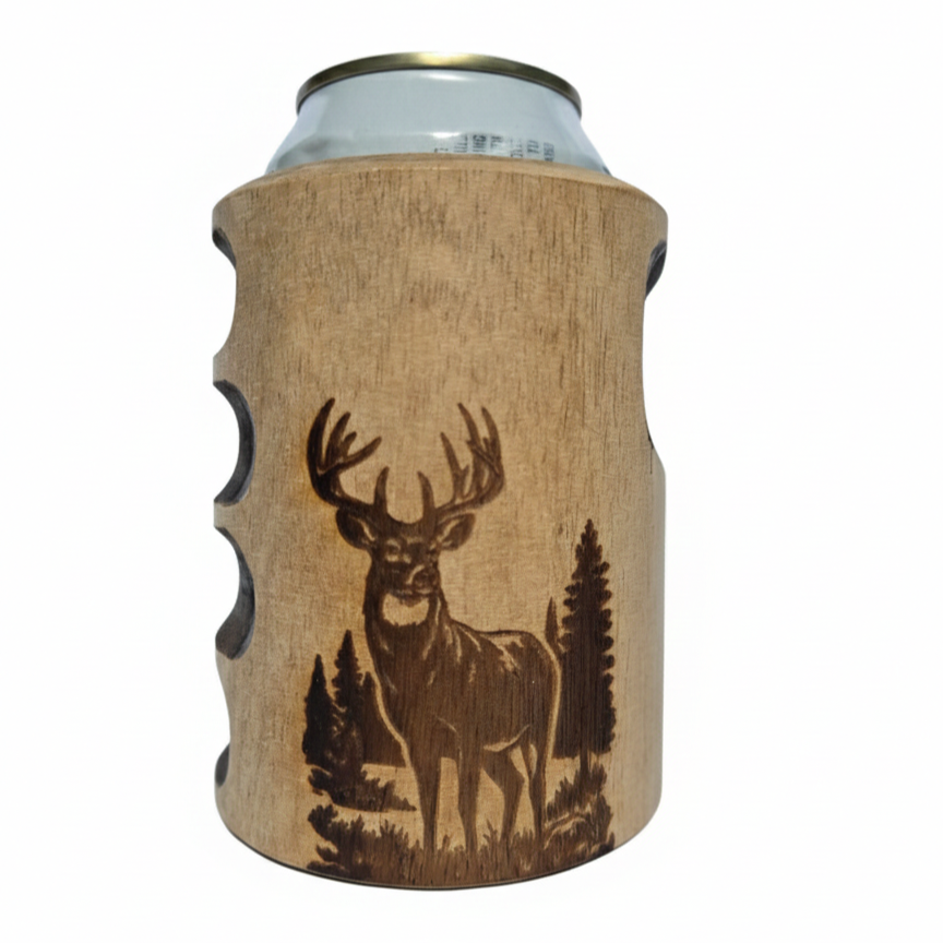 Engraved Buck Wooden Beer Can Cooler