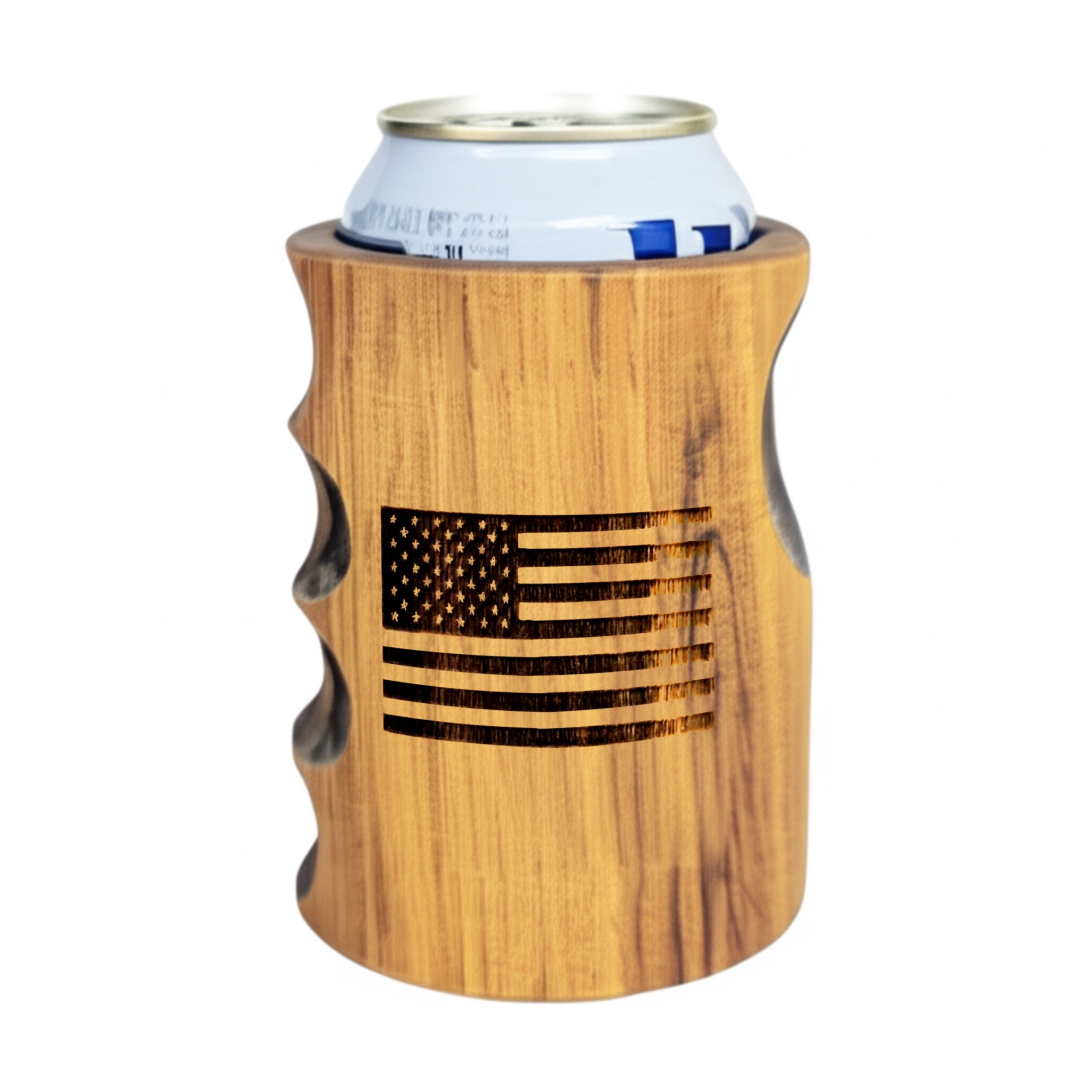 Engraved American Flag Wooden Beer Can Cooler