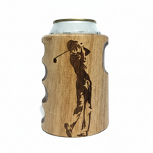 Load image into Gallery viewer, Engraved Golfer Wooden Beer Can Cooler