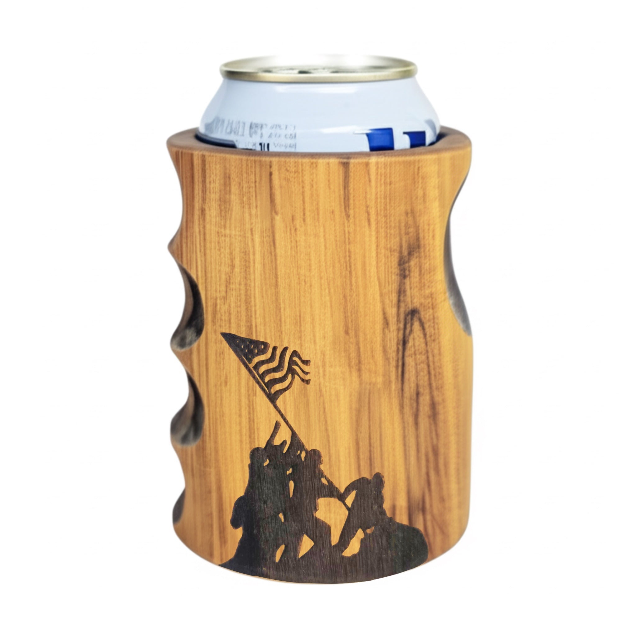 Engraved Iwo Jima Silhouette Wooden Beer Can Cooler