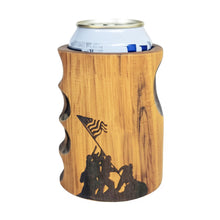 Load image into Gallery viewer, Engraved Iwo Jima Silhouette Wooden Beer Can Cooler