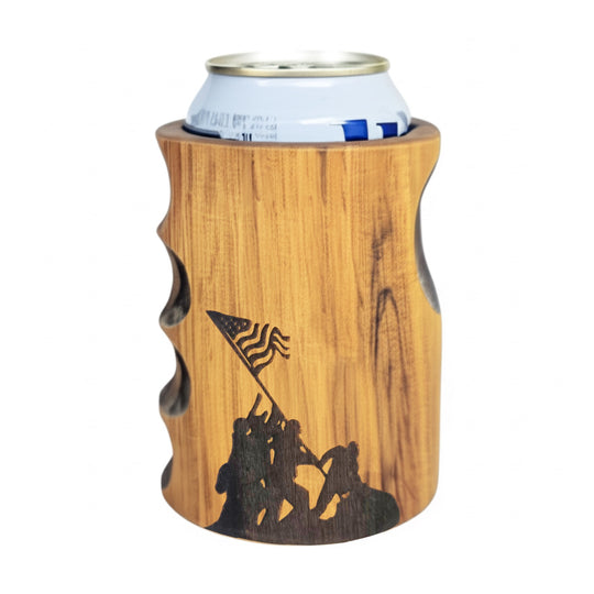 Engraved Iwo Jima Silhouette Wooden Beer Can Cooler