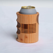 Load image into Gallery viewer, Engraved American Flag Wooden Beer Can Cooler