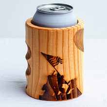 Load image into Gallery viewer, Engraved Iwo Jima Silhouette Wooden Beer Can Cooler